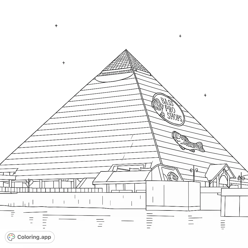 Color a grand pyramid featuring an iconic fish emblem and a large fish outline, rising from detailed structures over water. A unique architectural landmark.