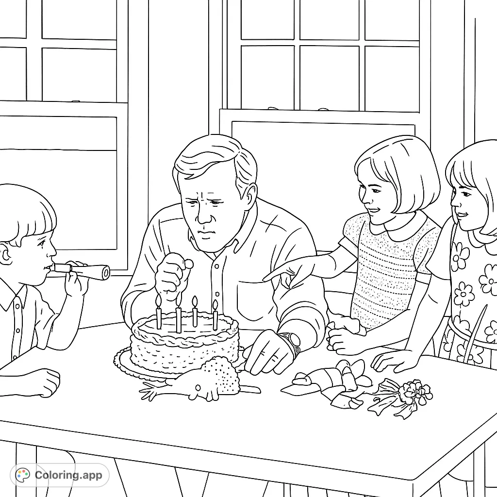 A family gathers around a birthday cake with candles, featuring a man, a boy with a party horn, and two girls. A fun birthday party coloring page.