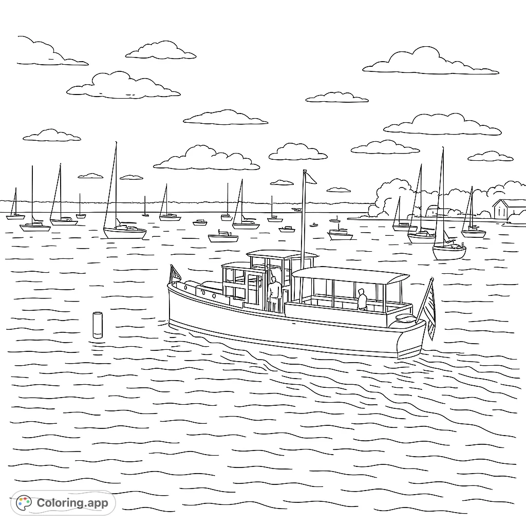 Explore a bustling harbor scene with a detailed motorboat in the foreground, surrounded by sailboats and distant shorelines. Perfect for all ages!