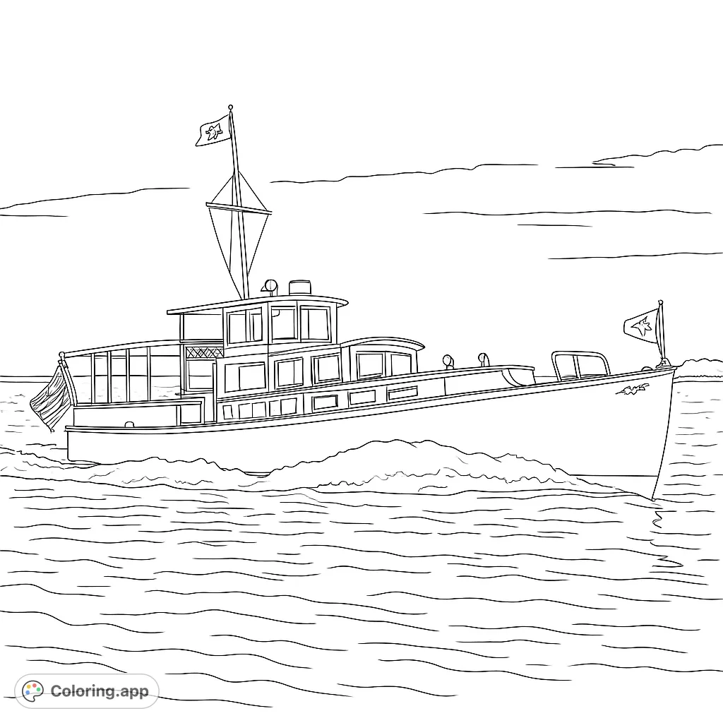 Color a classic motor yacht cruising on the water, featuring detailed windows, flags, and a dynamic wake. A free printable boat coloring page.