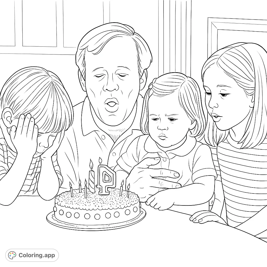 A heartwarming family birthday scene with a father blowing out candles on a cake, surrounded by children. Perfect for celebrating special moments.