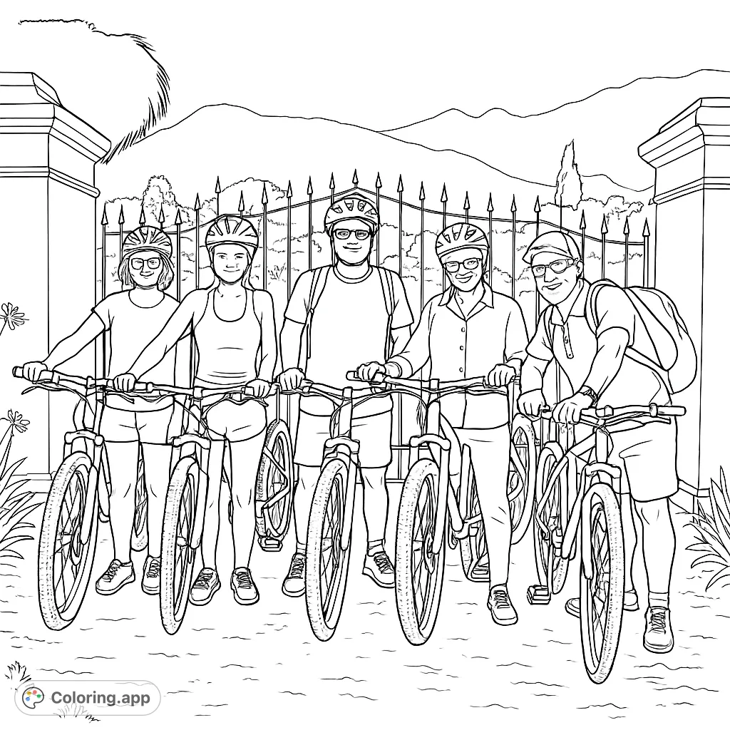 A joyful group of five cyclists with their bikes, ready for adventure, set against a scenic mountain backdrop. Perfect for a free printable coloring page.