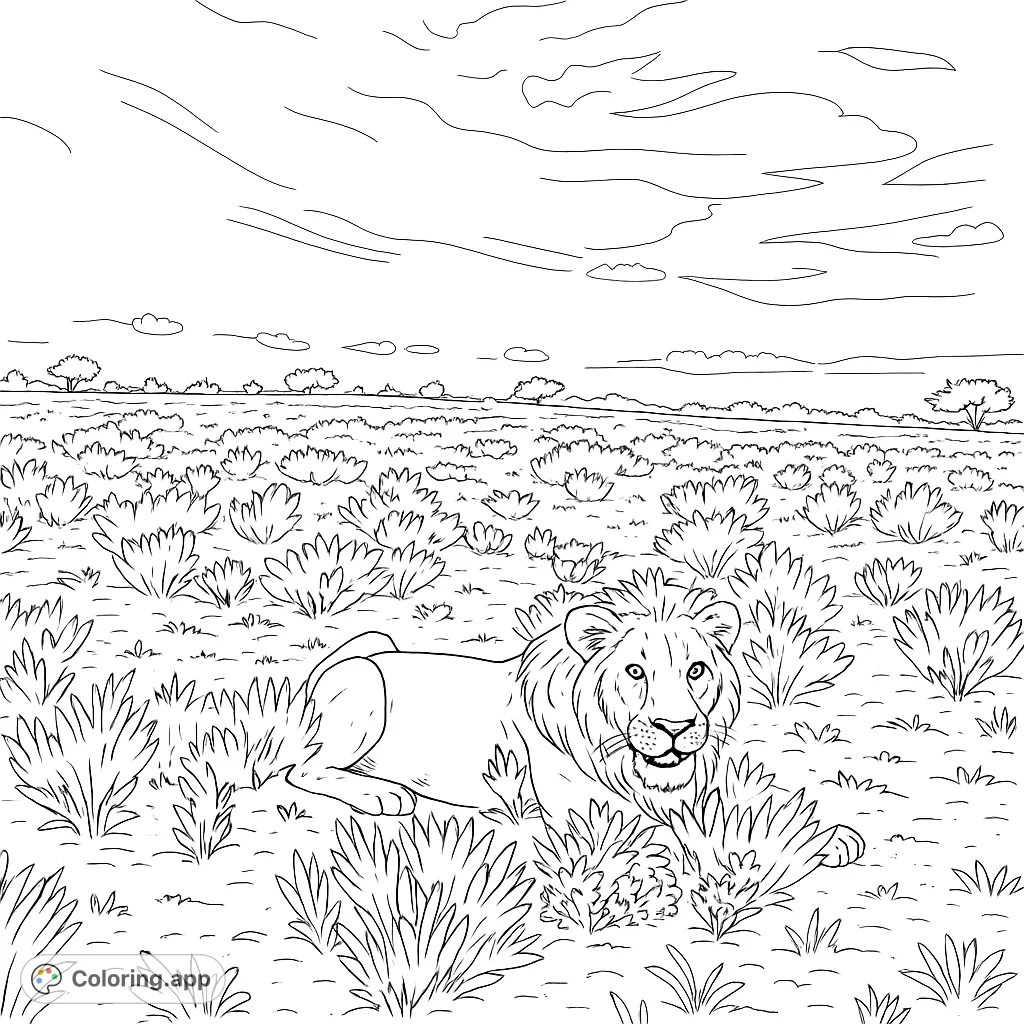 Majestic lion resting in a vibrant savanna, surrounded by detailed bushes and a vast sky. A free printable safari coloring page for all ages.