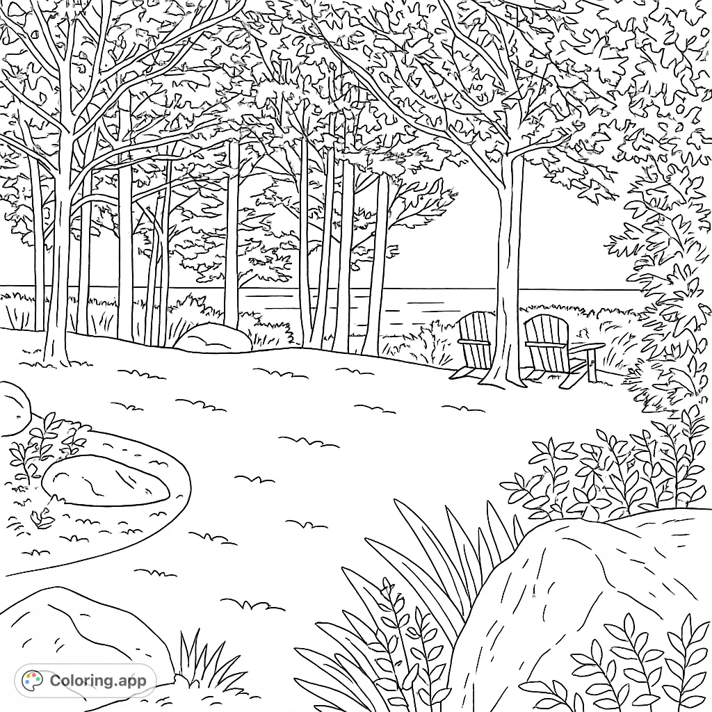 Relaxing lakeside scene with Adirondack chairs, lush trees, and calm water. A perfect nature coloring page for all ages.