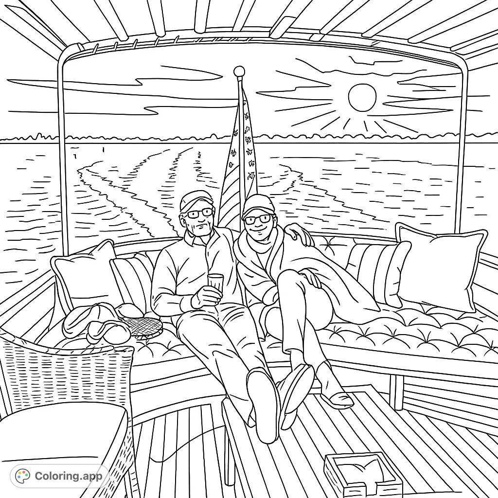 Enjoy a serene boat ride coloring page featuring two people relaxing on deck, with a flag, sun, and water in the background. Free printable.