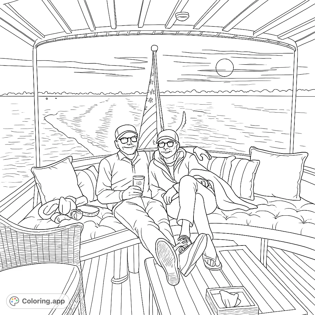 Enjoy a serene boat trip coloring page featuring a happy couple relaxing on deck. A free printable coloring page for all ages.