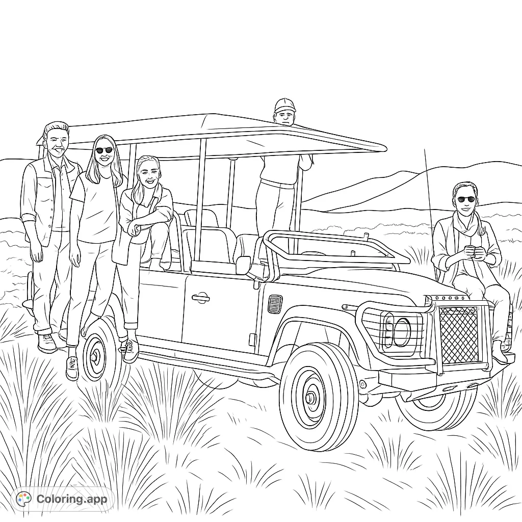 Embark on a thrilling safari adventure! Color a rugged jeep and a group of explorers amidst wild landscapes. A free printable safari coloring page.