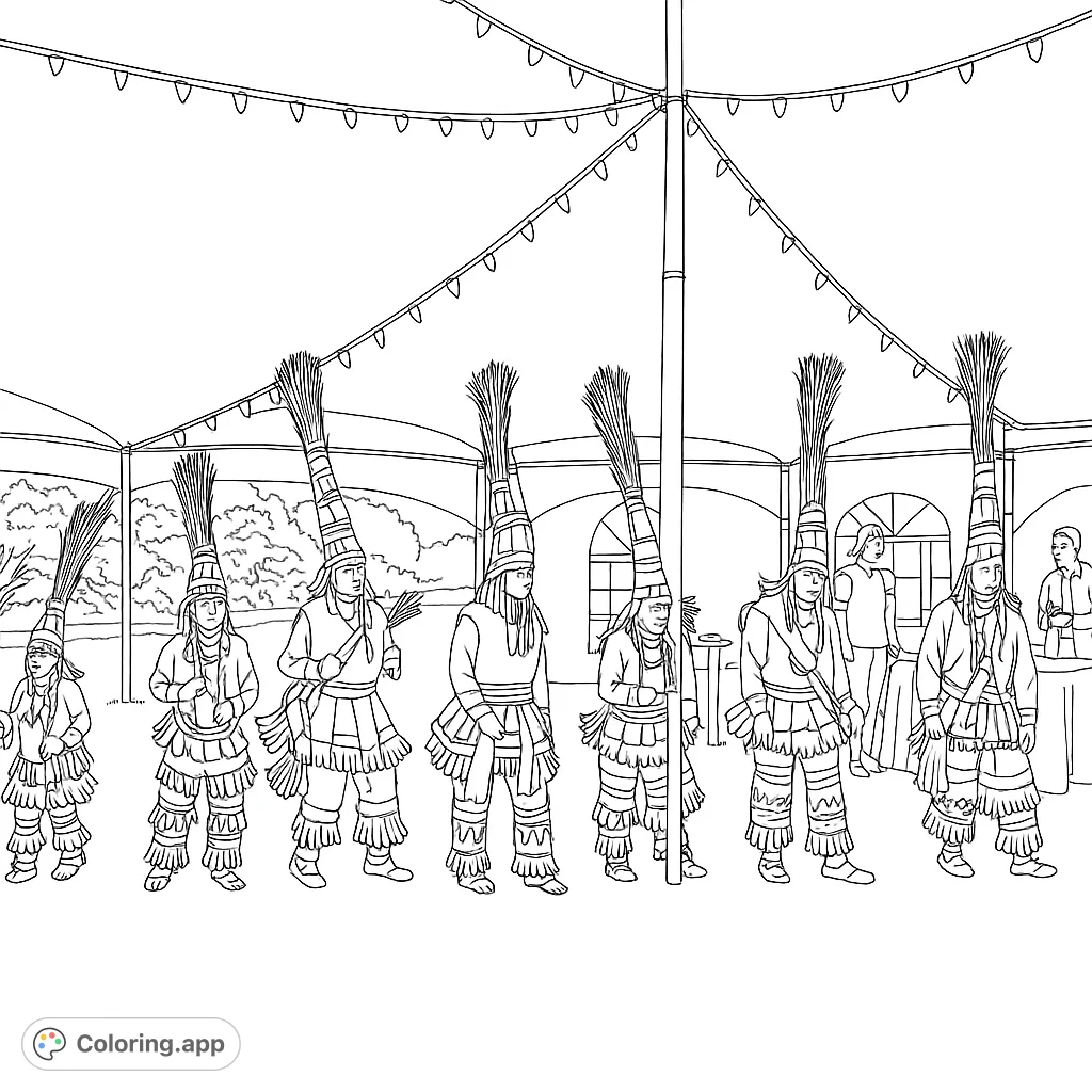 Experience a vibrant traditional festival coloring page featuring six dancers in elaborate costumes with tall headdresses under a festive tent with string lights.