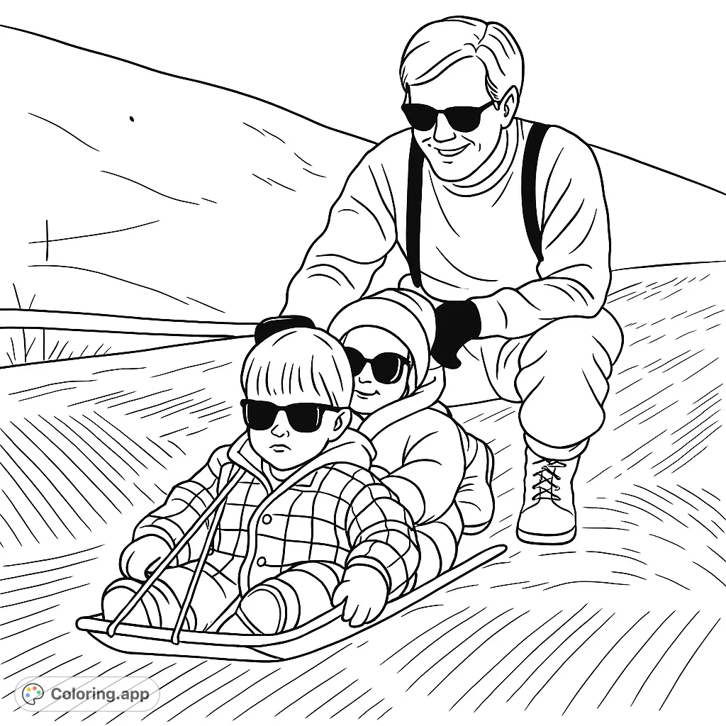 Capture winter joy with this free printable sledding coloring page! An adult and two kids on a sled, ready for a snowy adventure.