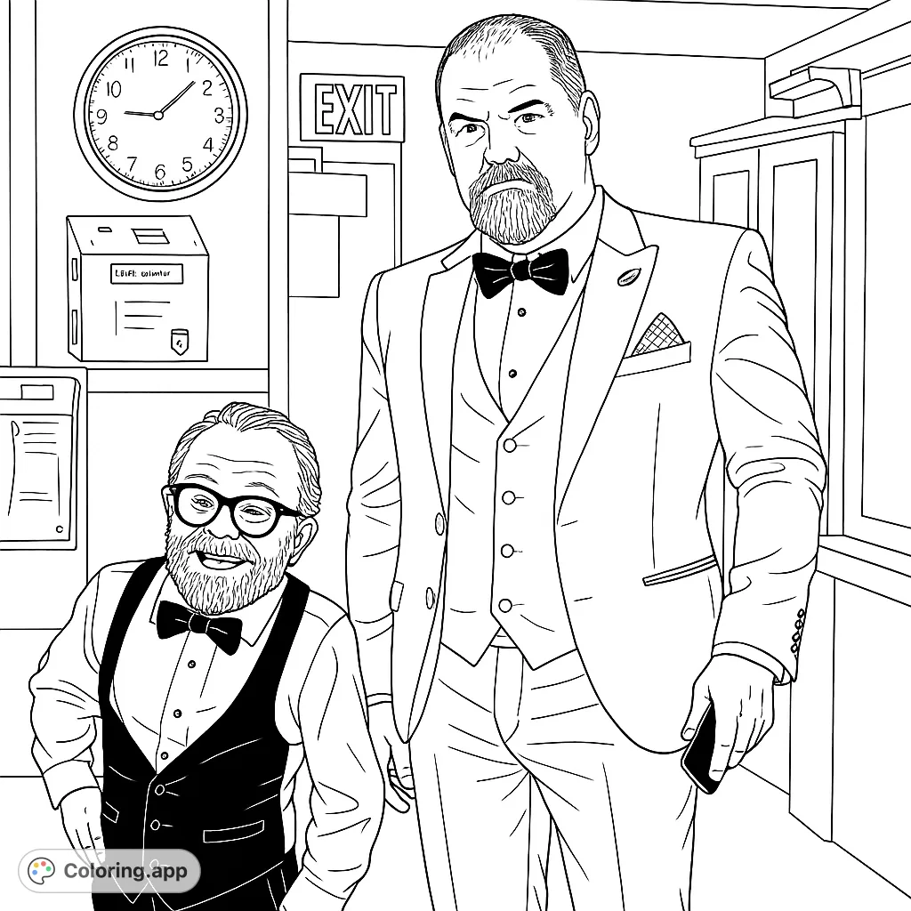 A dapper duo in suits and bow ties, featuring a tall man and a smiling shorter man in an office setting. Perfect for adult colorists.