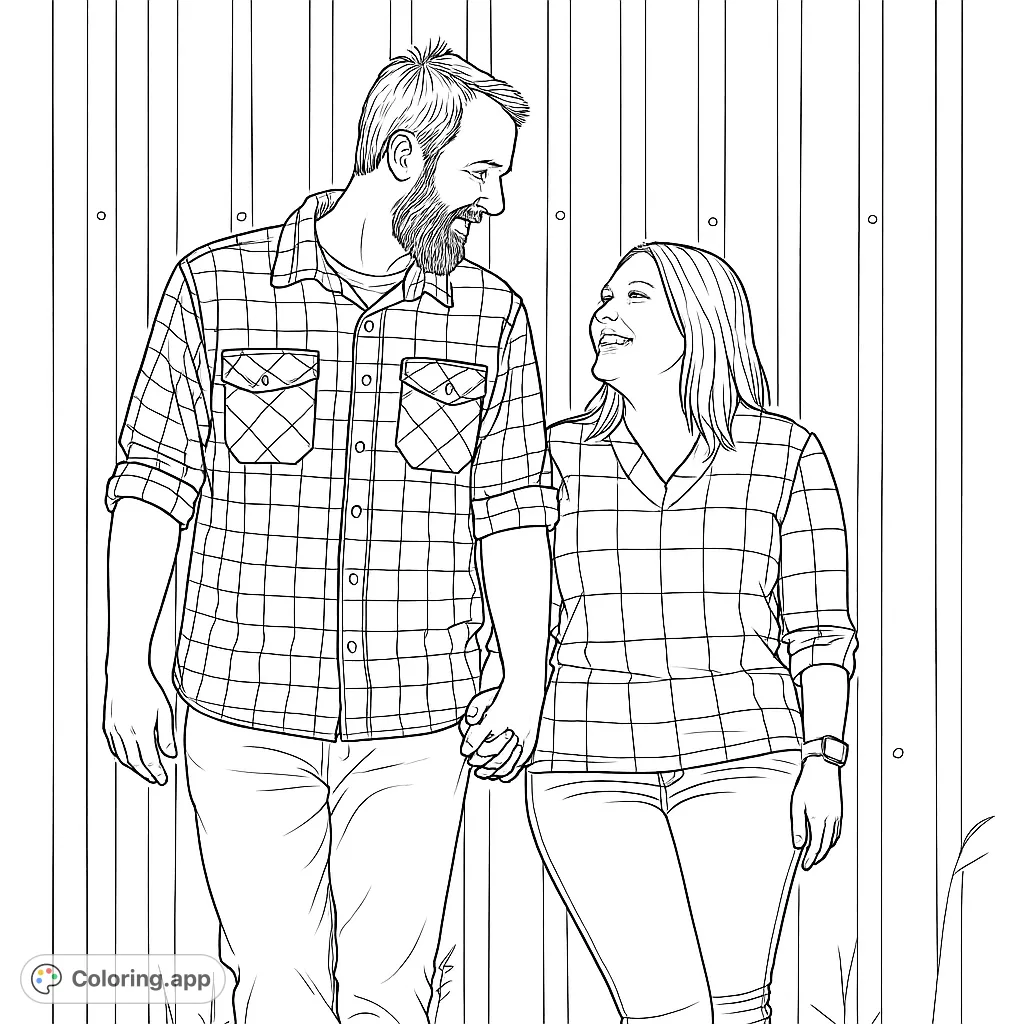 A heartwarming free printable couple's coloring page featuring a smiling man and woman holding hands against a fence. Perfect for all ages!