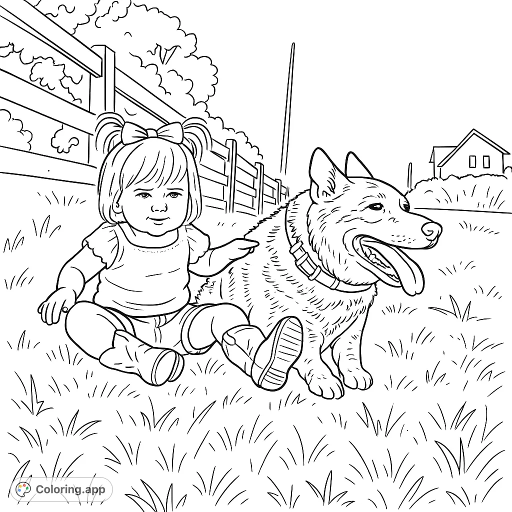A sweet scene of a happy child petting a friendly dog in a grassy field, with a fence and house in the background. Perfect for kids!