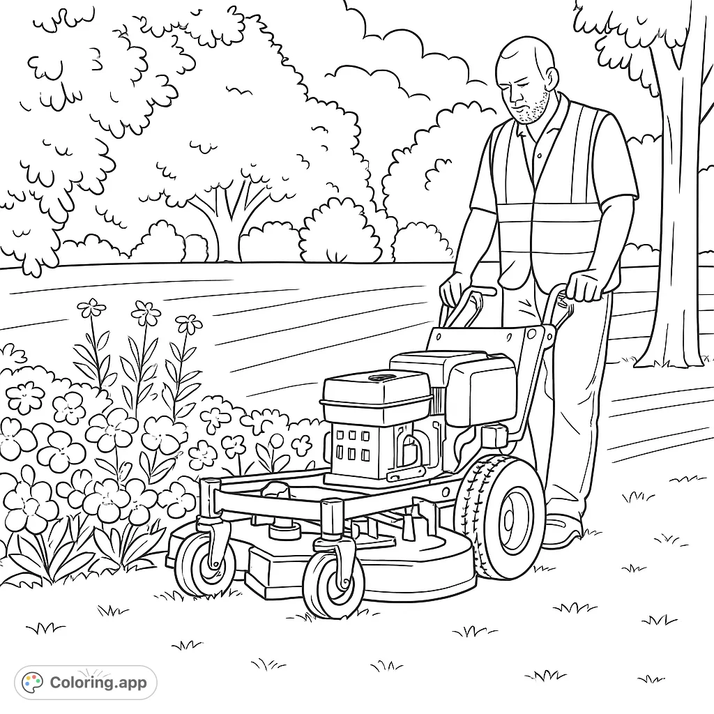 Detailed lawn care scene with a man operating a large mower, a vibrant flower bed, and lush garden foliage. Free printable coloring page for all ages.