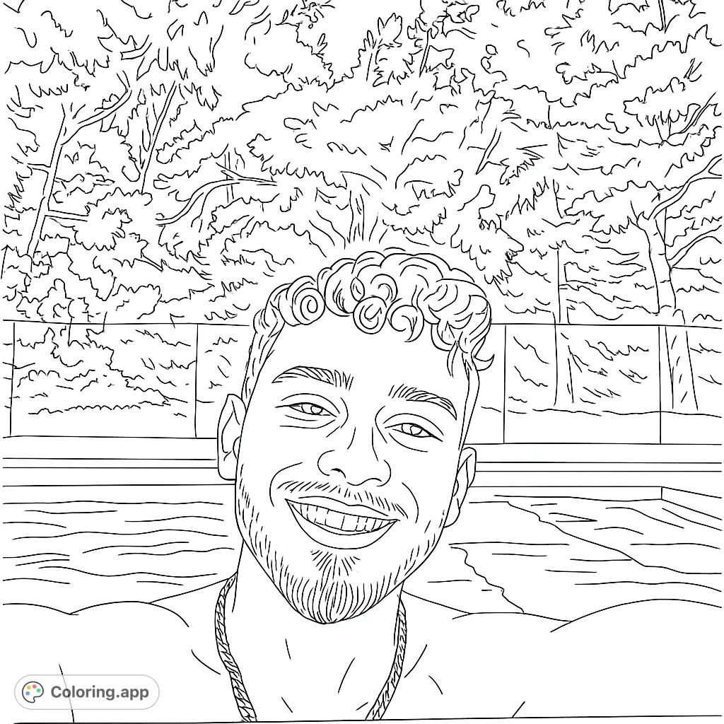 A cheerful man with curly hair and a beard smiles brightly from a pool, surrounded by lush foliage. A perfect summer scene for a relaxing coloring experience.