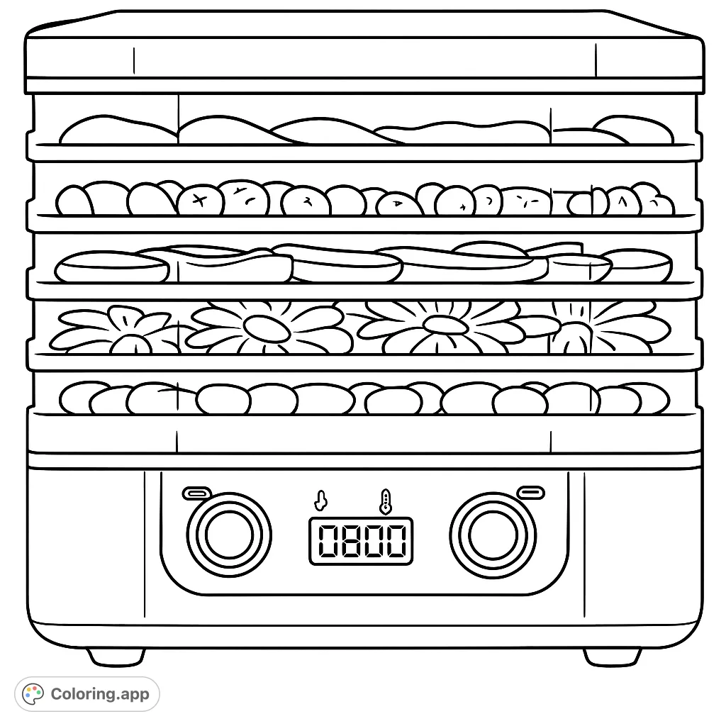 Explore a detailed food dehydrator coloring page, filled with various healthy snacks like fruit slices and berries. A fun, educational free printable coloring page for all ages.