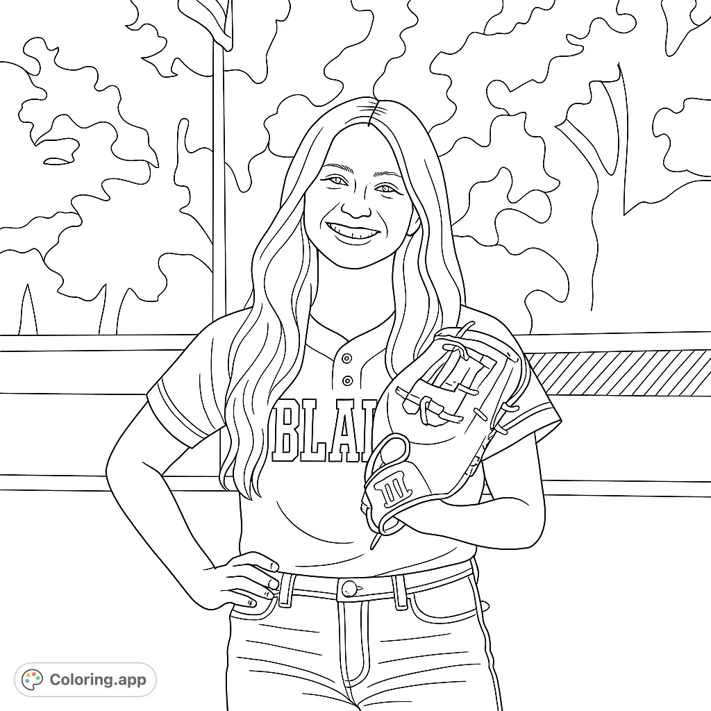 A smiling young woman in a softball uniform holds her glove, ready for action. A free printable sports coloring page for all ages.