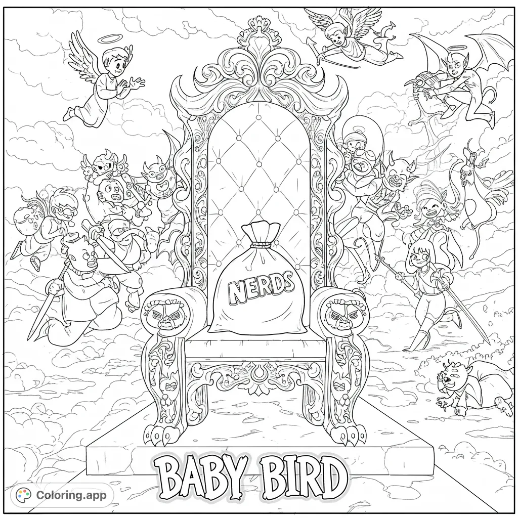 An ornate throne surrounded by whimsical angels and devils on swirling clouds. A detailed fantasy coloring page for all ages, free printable.
