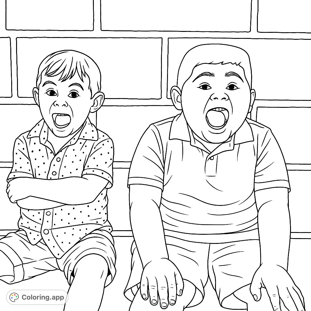 Two energetic boys with wide-open mouths, possibly yelling or singing, against a simple brick wall background. A fun, expressive kids coloring page.