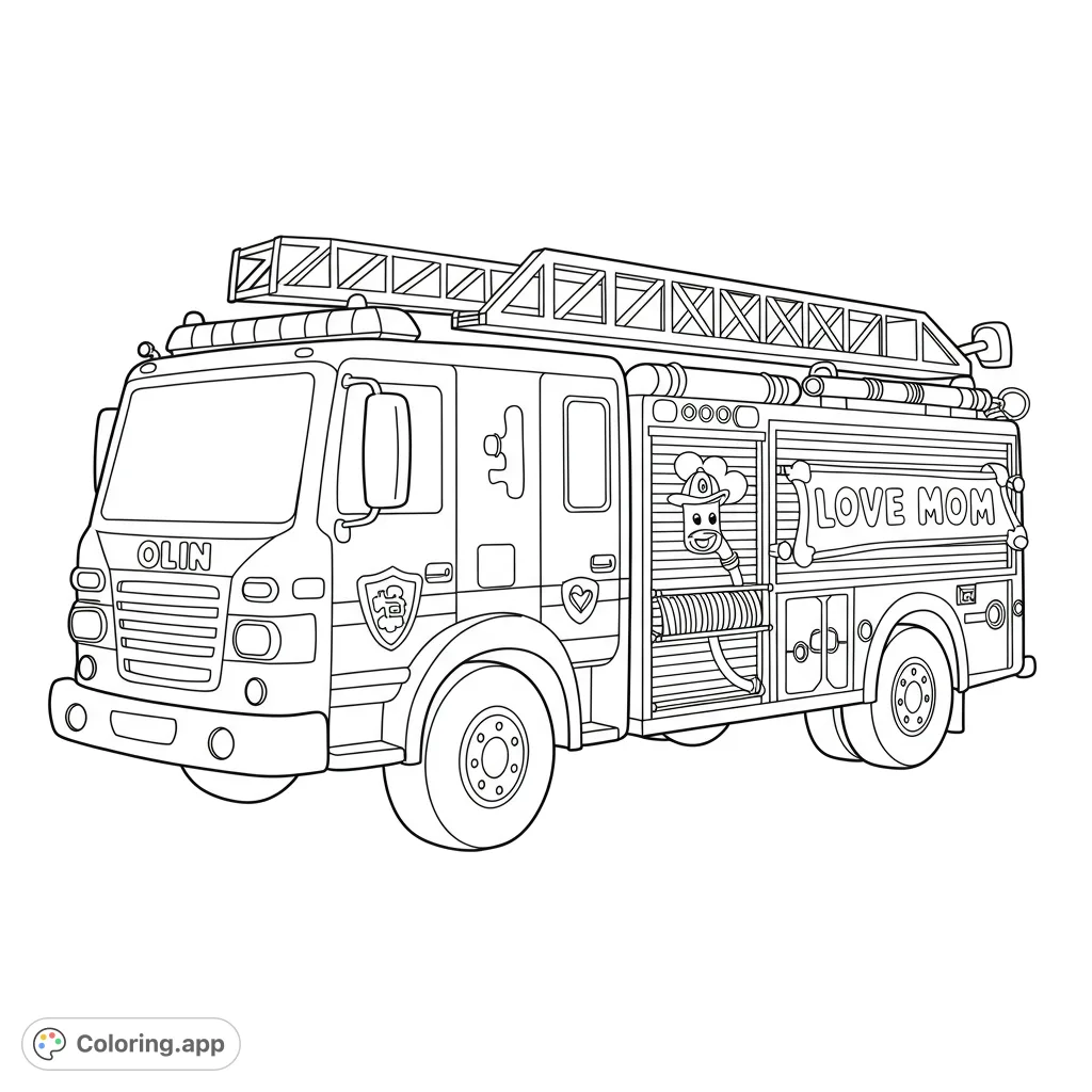 A detailed, friendly fire truck ready for action, featuring a ladder, hose, and a cute fire hose character. Perfect for young heroes!