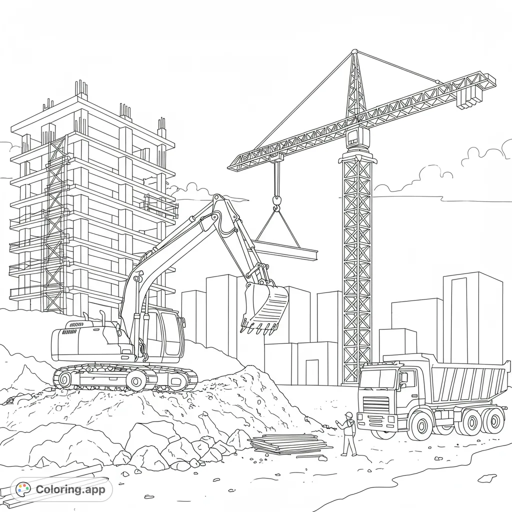 Explore a dynamic construction site with an excavator, crane, and dump truck, set against a developing city skyline. Perfect for detailed coloring.