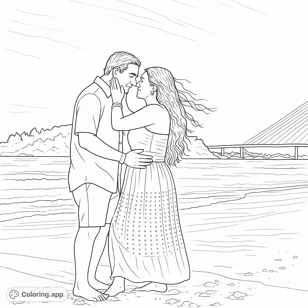Capture a tender moment with this romantic beach embrace coloring page. A couple shares an intimate moment by the sea, perfect for love-themed coloring.