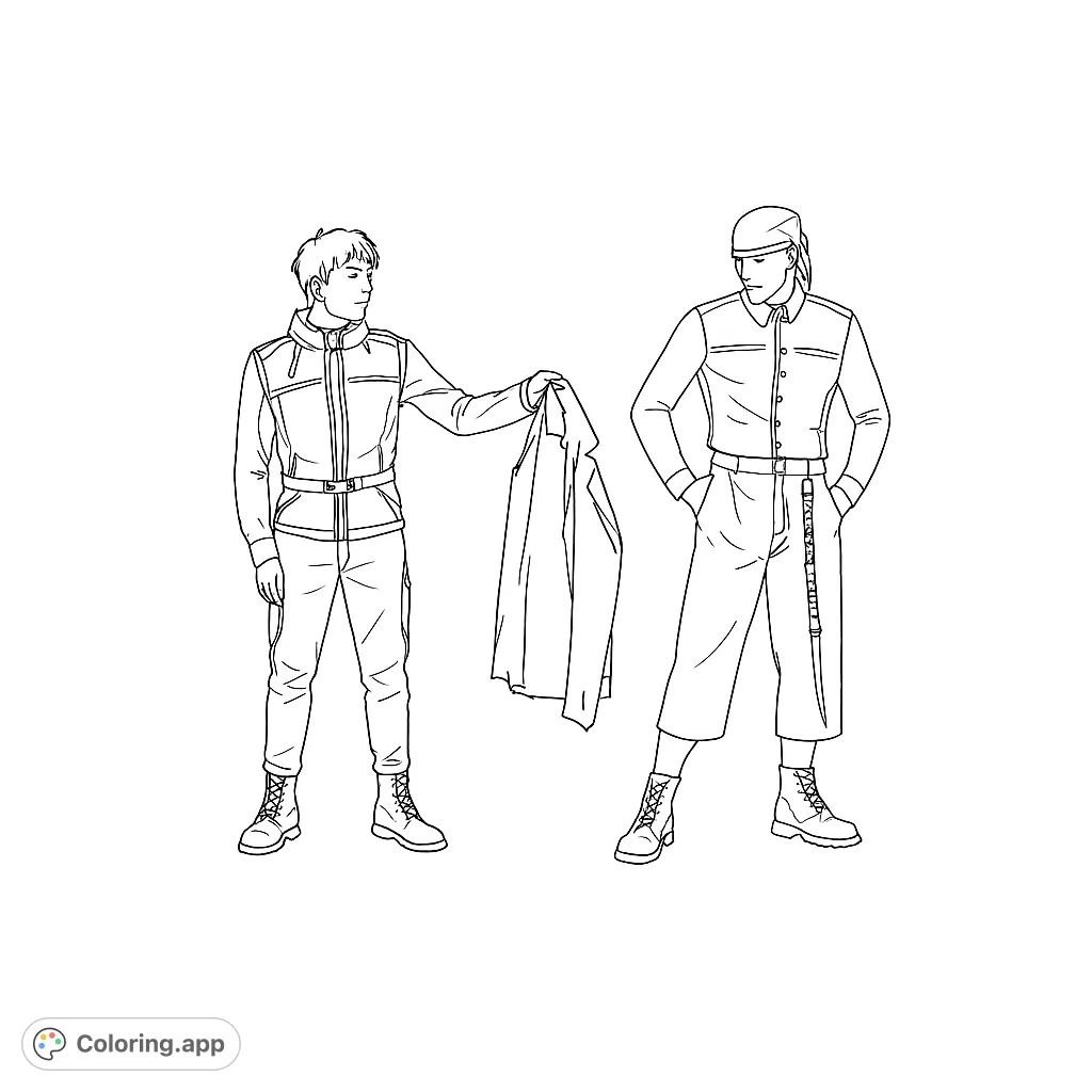 Explore modern fashion with two stylish men in detailed urban outfits. A free printable fashion coloring page for all ages, perfect for creative expression.