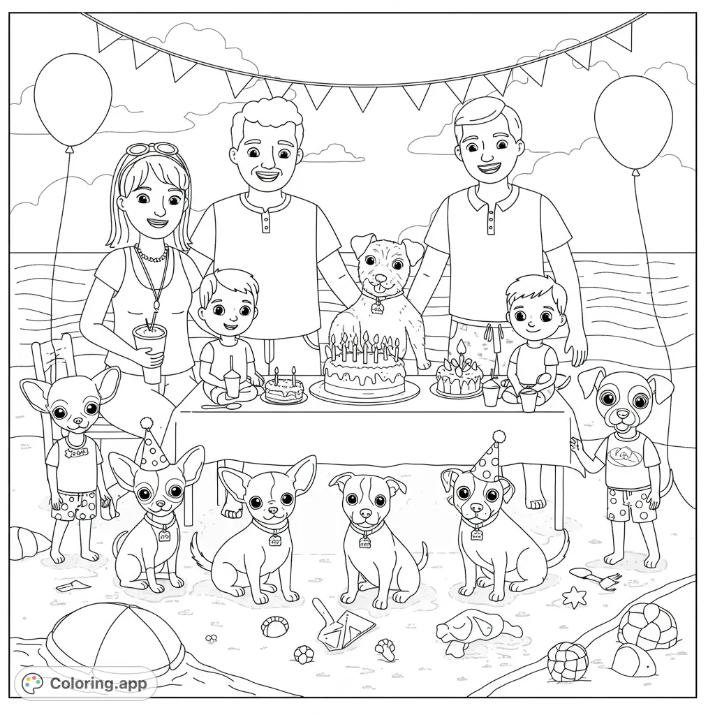 Celebrate a joyful beach birthday party with a family and their adorable dogs, complete with cake, balloons, and sandy fun. A delightful free printable coloring page for all ages.