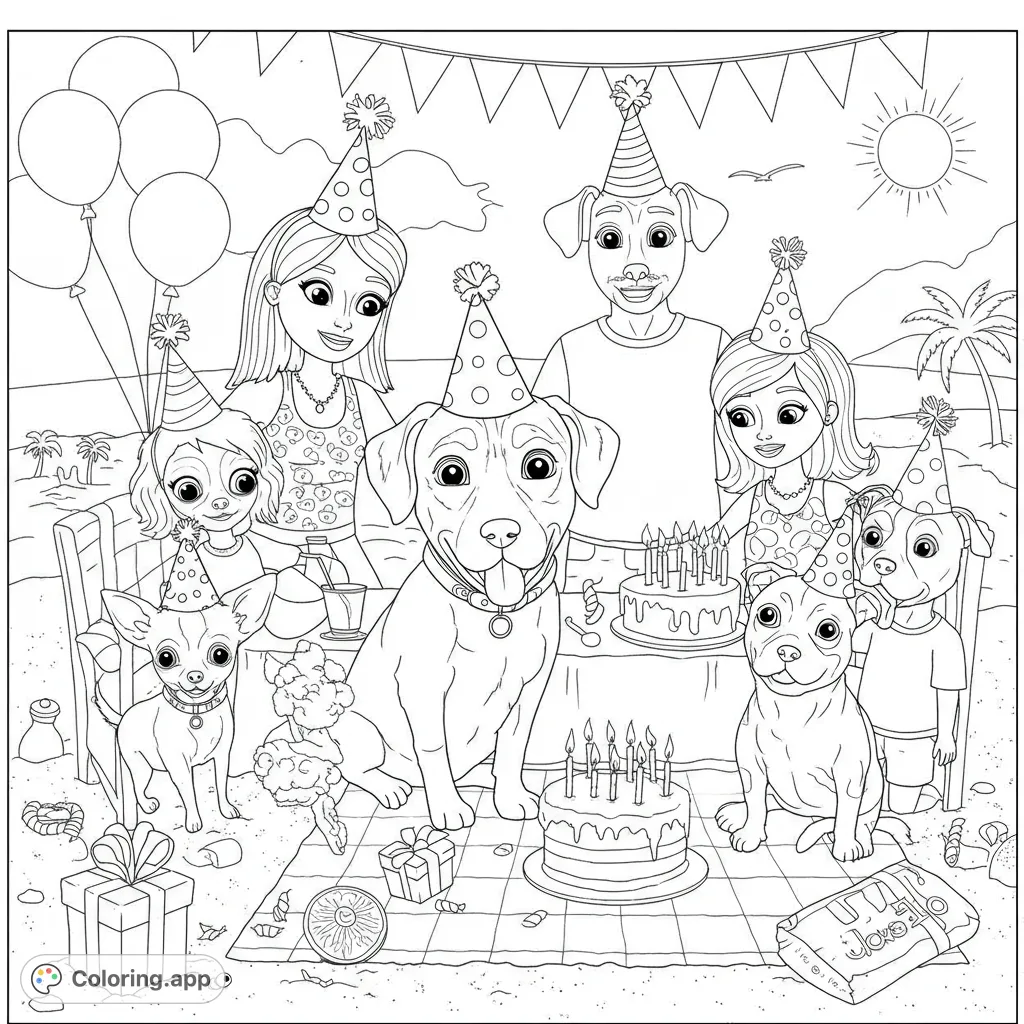 A joyful beach birthday party scene featuring happy people and adorable dogs in party hats, surrounded by cakes, gifts, and balloons.