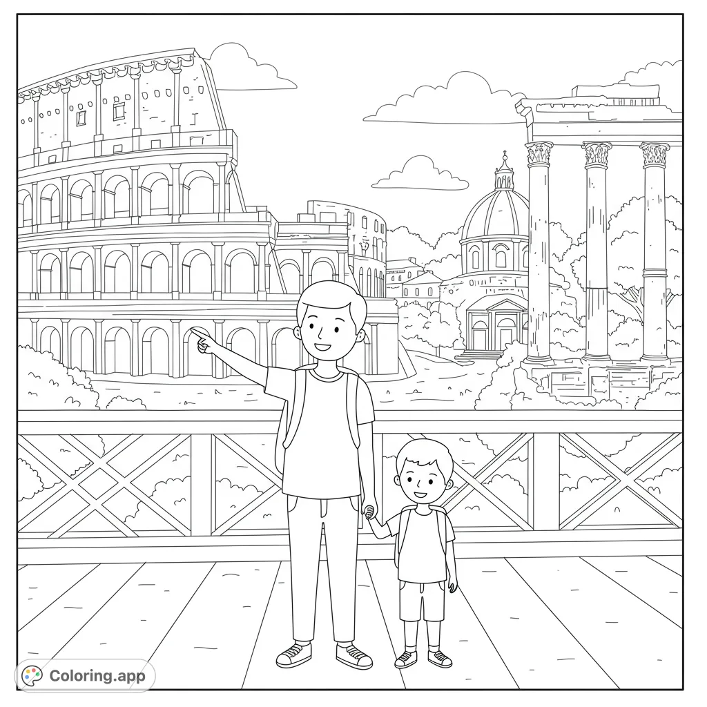 Explore Rome with a father and son at the Colosseum and ancient ruins. A free printable travel coloring page for all ages.