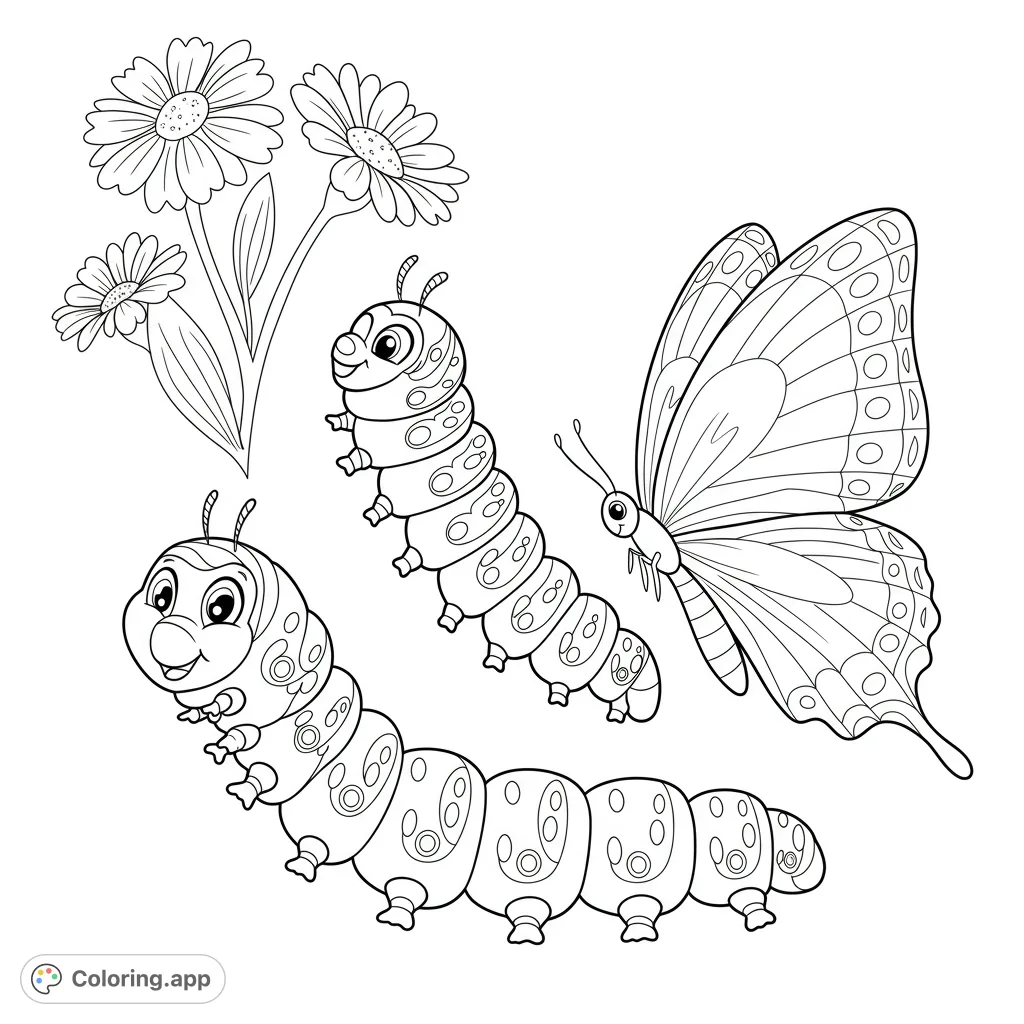 A delightful nature scene featuring two cheerful caterpillars, a graceful butterfly, and blooming daisies. Perfect for young artists to explore colors.