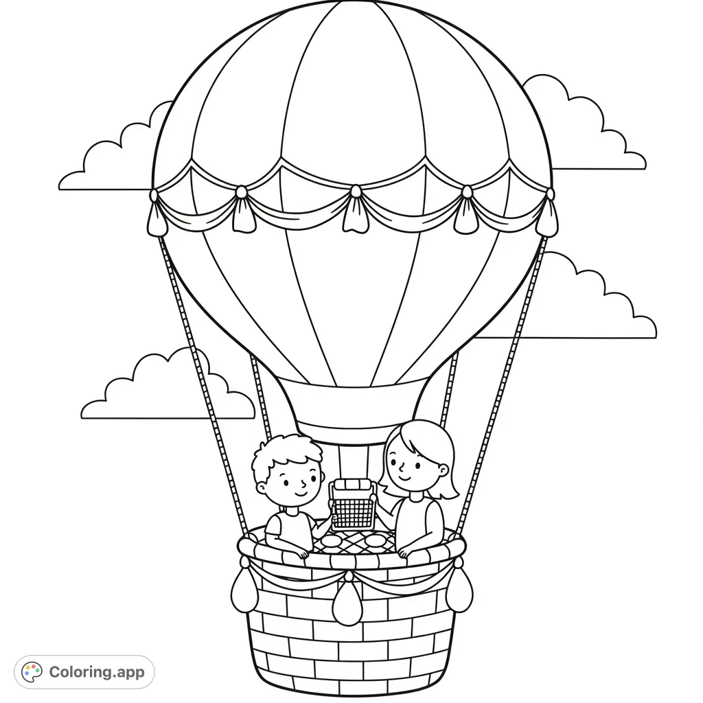 Soar high with this delightful hot air balloon coloring page! Features two happy children on a sky adventure, perfect for free printable fun.