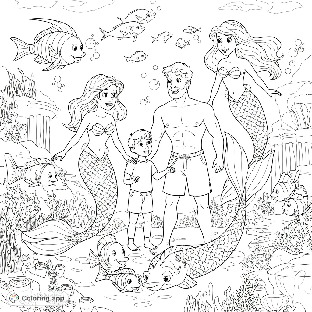 Dive into an enchanting underwater world! A family meets friendly mermaids and playful fish in this delightful ocean adventure coloring page.