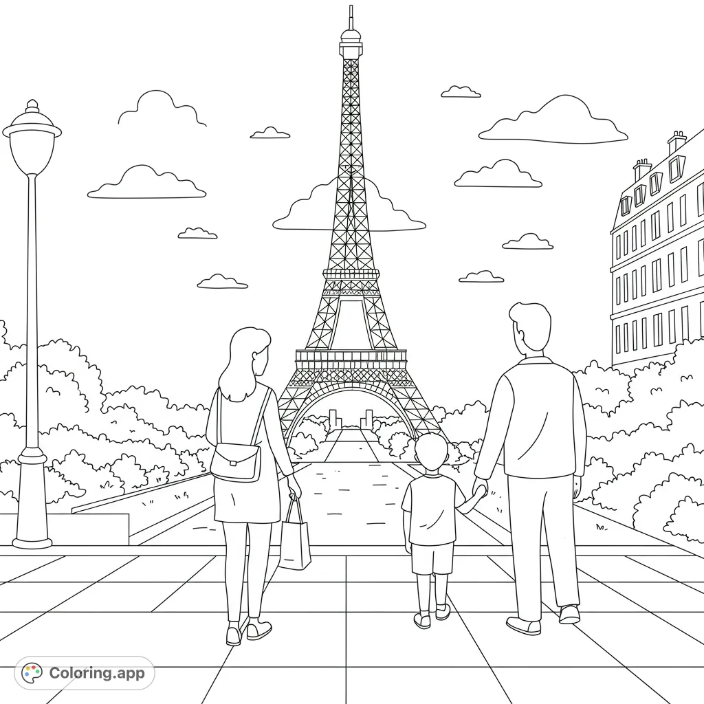 Explore Paris with a family adventure! Color the iconic Eiffel Tower, charming street scenes, and a loving family in this free printable coloring page.