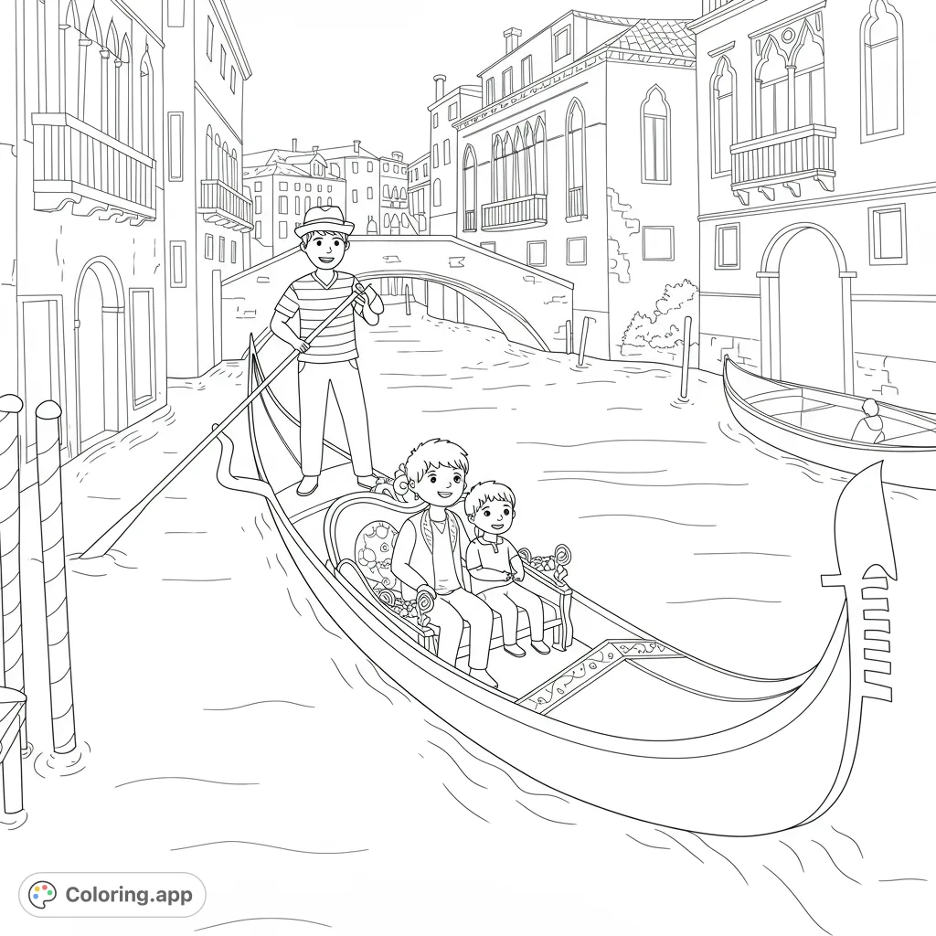 Experience a charming Venetian gondola ride! A gondolier steers two passengers through a scenic canal lined with historic buildings and bridges. Free printable coloring page.