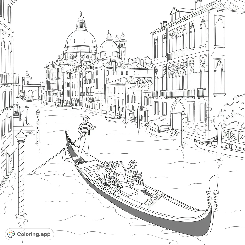 Explore a charming Venice gondola coloring page featuring a gondolier, passengers, and iconic Venetian architecture. Free printable for all ages!