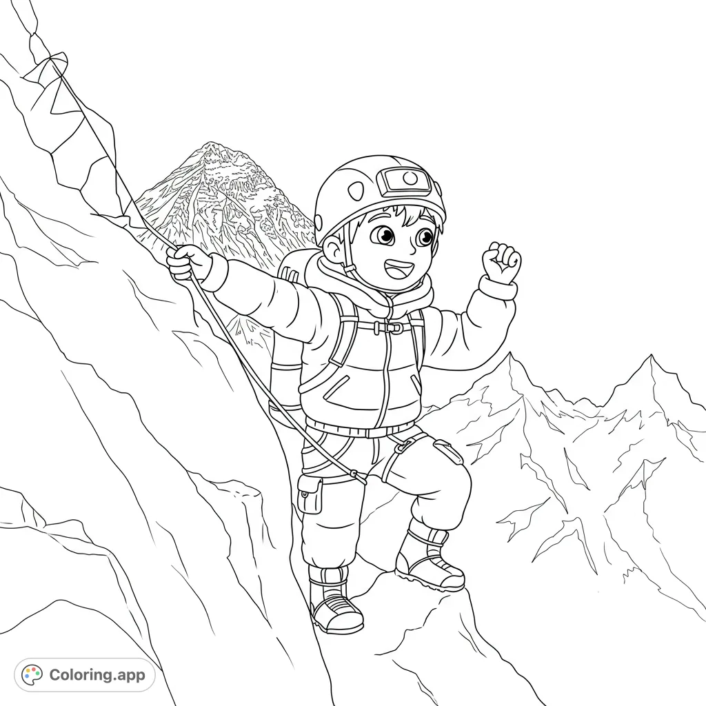 An adventurous young climber scales a rocky mountain, celebrating success. A thrilling mountain climbing coloring page for kids and adults.