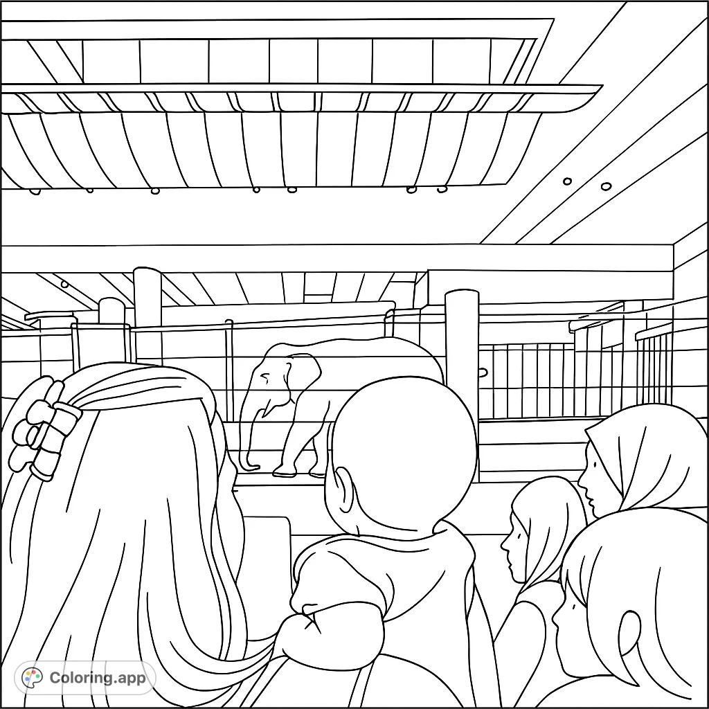 Experience a captivating zoo visit! Color an elephant in its enclosure, observed by a diverse group of excited visitors. A free printable zoo coloring page.