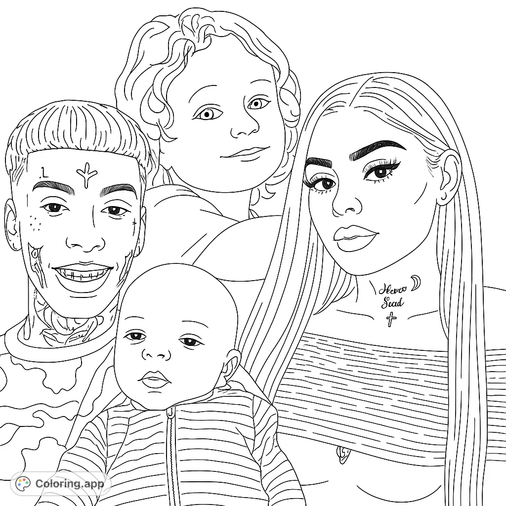 A heartwarming family portrait coloring page featuring a man, woman, child, and baby, perfect for personalizing with vibrant colors.