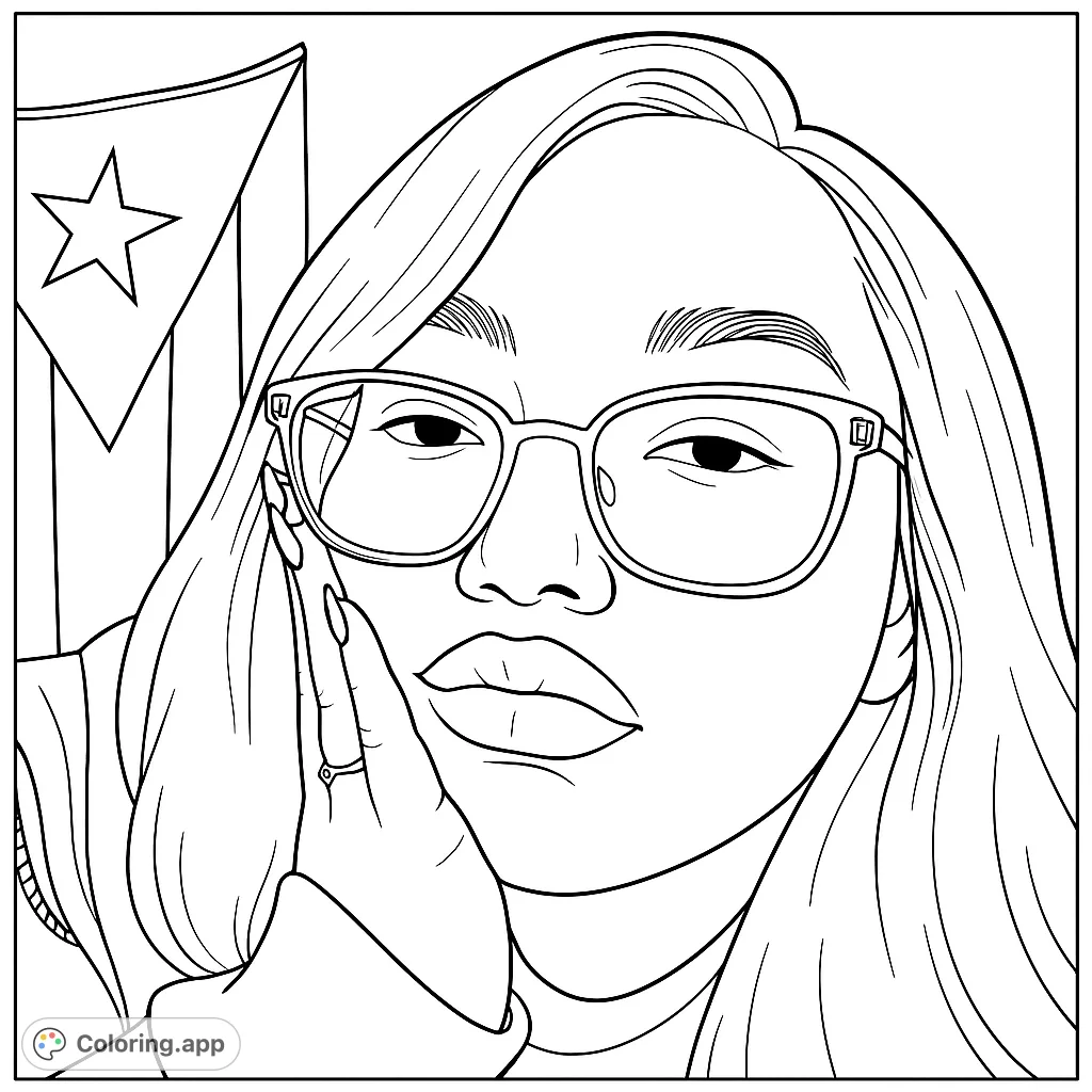 A captivating portrait of a woman with glasses and a flag background, perfect for a personalized coloring page. Express your creativity!