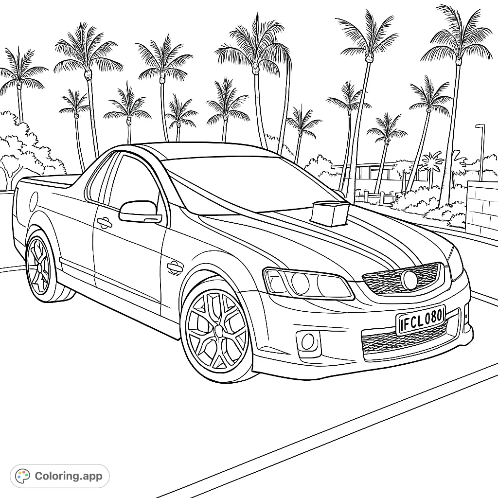 Color a sleek utility vehicle amidst a tropical palm tree backdrop. Perfect for car enthusiasts and those who love vibrant, sunny scenes.