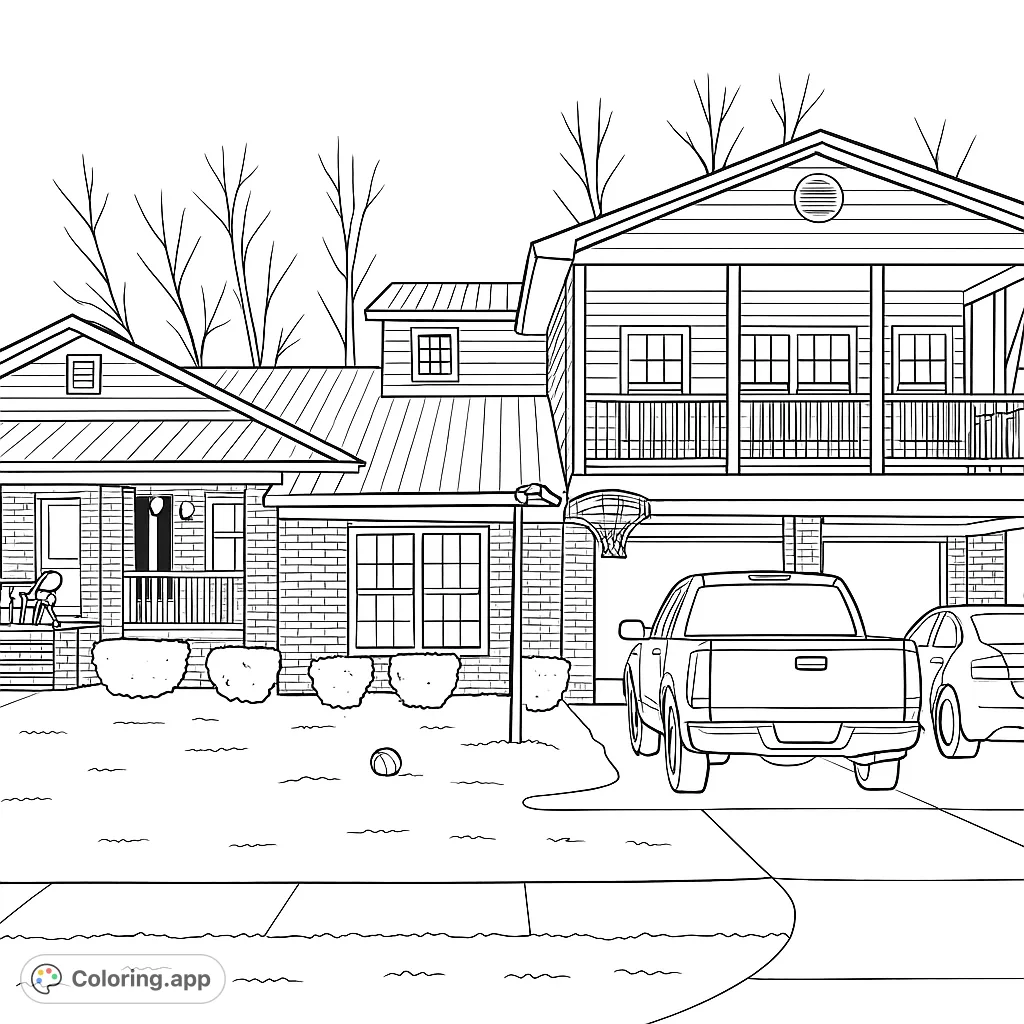 Explore a detailed suburban home coloring page featuring a two-story house, pickup truck, and lush yard. Perfect for all ages!