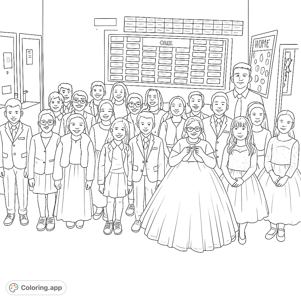 A heartwarming community group portrait featuring smiling children and adults, perfect for a free printable coloring page.