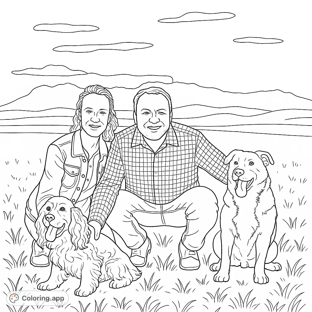 A heartwarming family portrait coloring page featuring a smiling couple with their two beloved dogs in a scenic outdoor setting.
