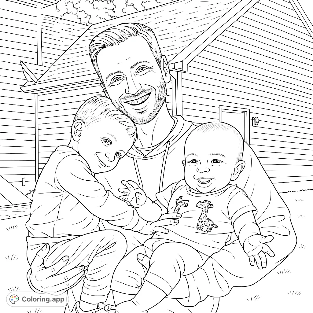 A heartwarming family coloring page featuring a smiling father embracing his two happy children. Perfect for free printable coloring page fun!