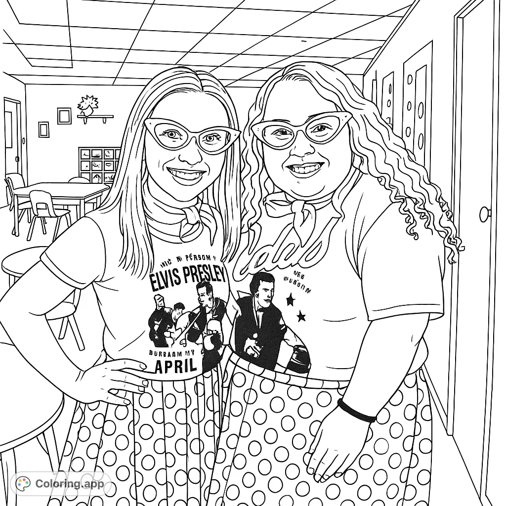 Step back in time with this retro 1950s coloring page featuring two smiling women in vintage outfits, perfect for a nostalgic coloring experience.
