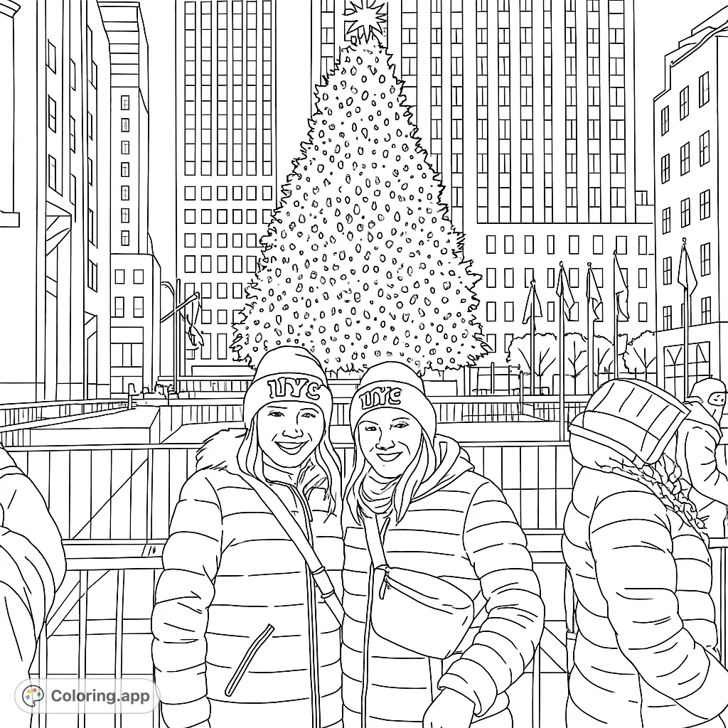 Capture festive city vibes with this free printable holiday coloring page! Two friends smile before a grand Christmas tree and towering buildings. Perfect for all ages.