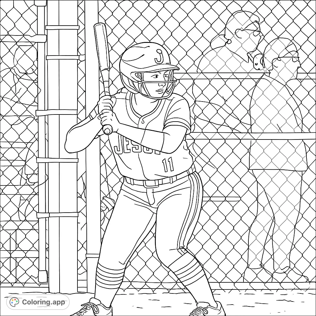 Dynamic softball player in batting stance, ready to hit, framed by a detailed chain-link fence. Perfect for sports fans!