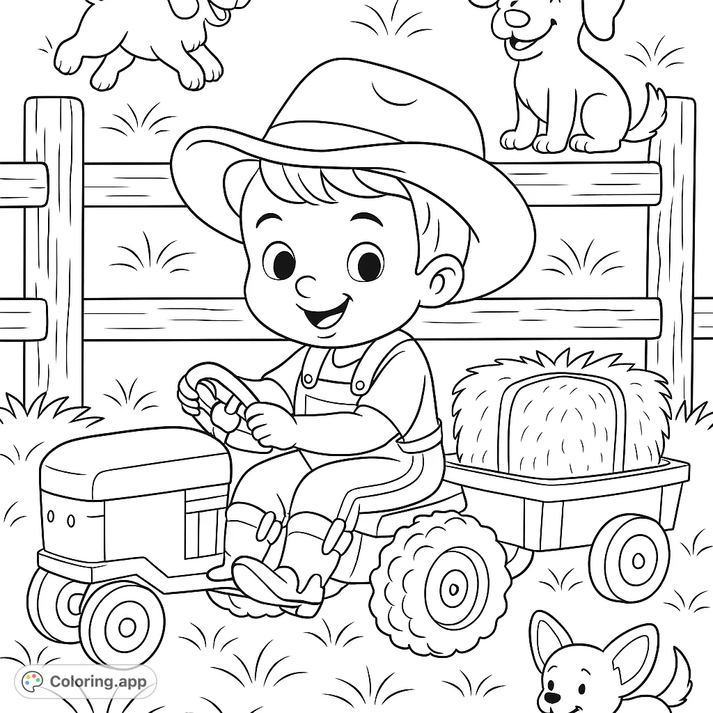 A cheerful farm boy drives his tractor with hay, surrounded by playful dogs and a rustic fence. A delightful farm life coloring page.