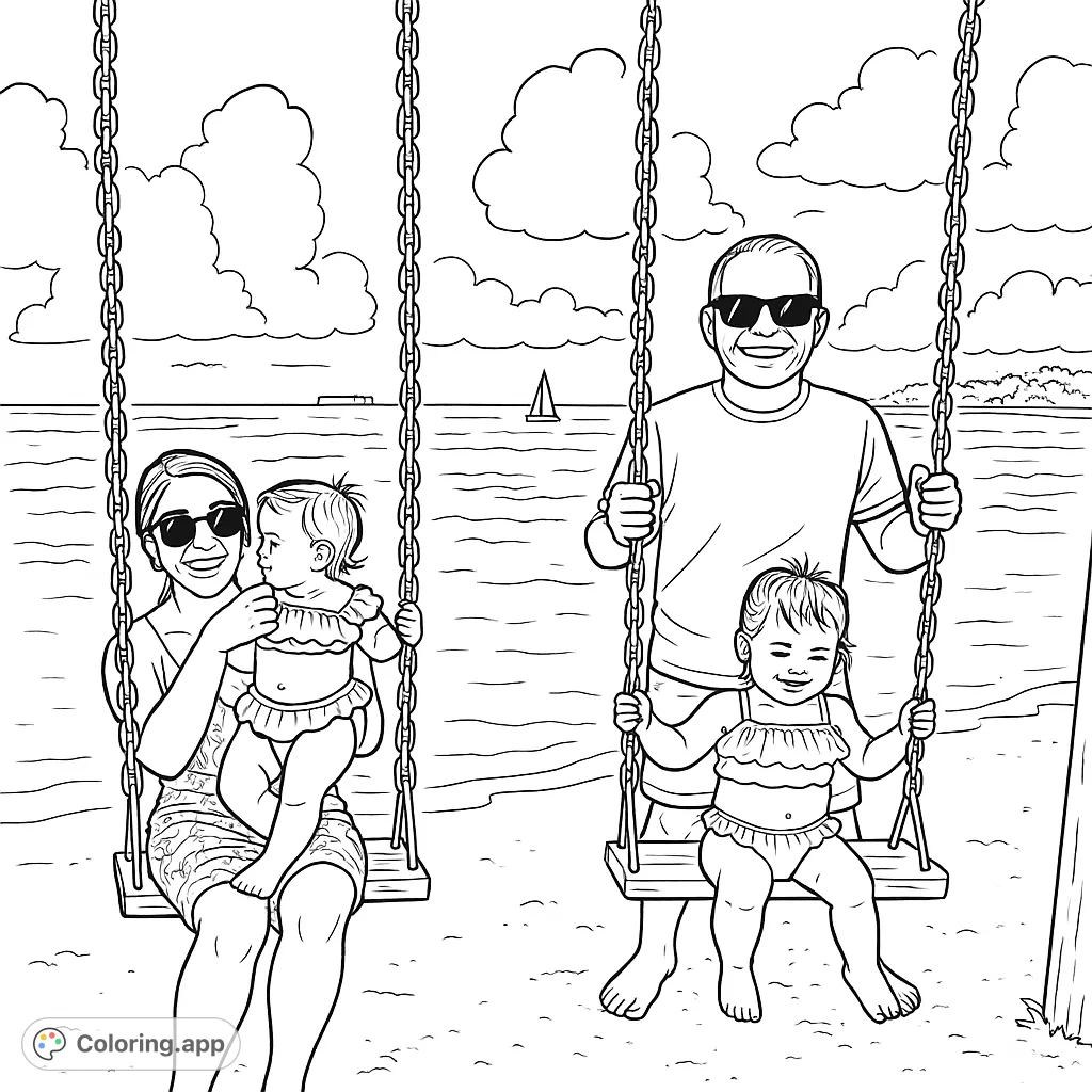 A happy family enjoys beach swings with ocean views and fluffy clouds. Perfect free printable summer fun coloring page.