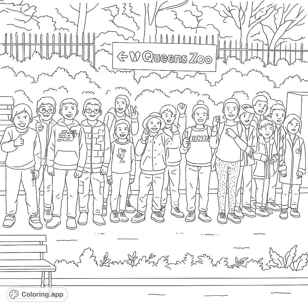 A joyful group of diverse children ready for a zoo adventure. This free printable coloring page is perfect for kids and family fun.